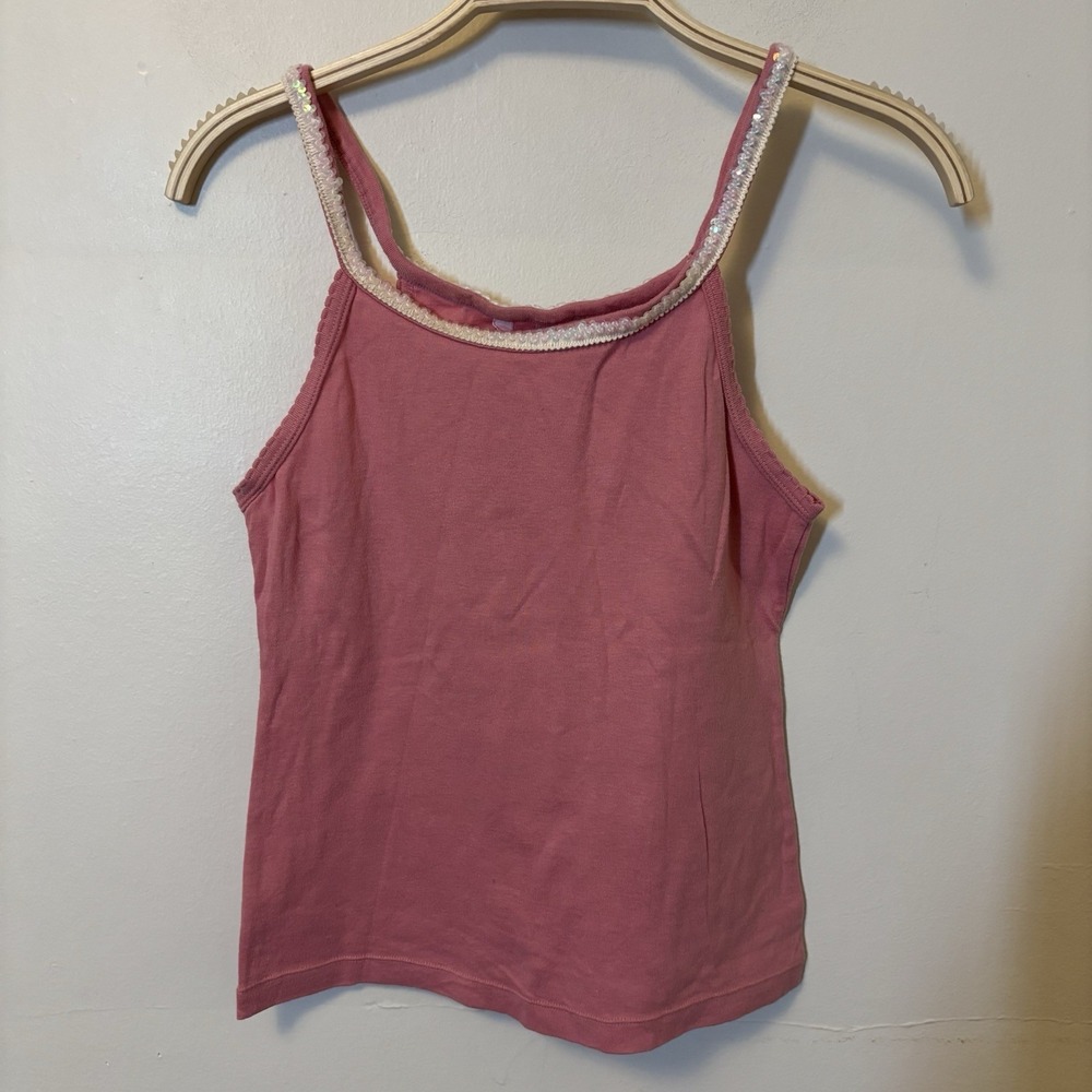 Victoria's Secret  Y2K Tank Top Pink Sequined Cropped S Girly Preppy 100% Cotton
